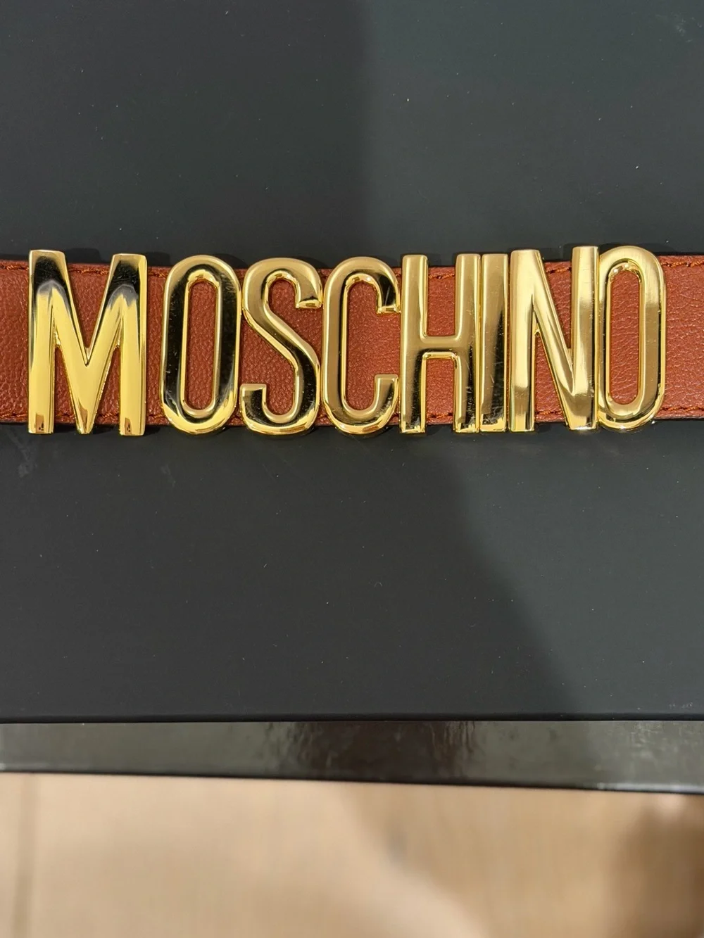 Moschino Cognac Leather w Signature Logo Belt with Gold Lettering